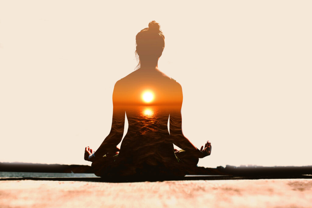 Yoga day concept. Multiple exposure image. Woman practicing yoga at sunset